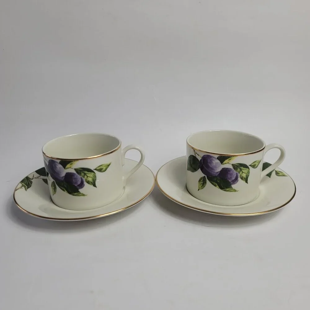 Mikasa Plum Court L3132 Cup and Saucer Sets White with Purple Plums Green Leaves